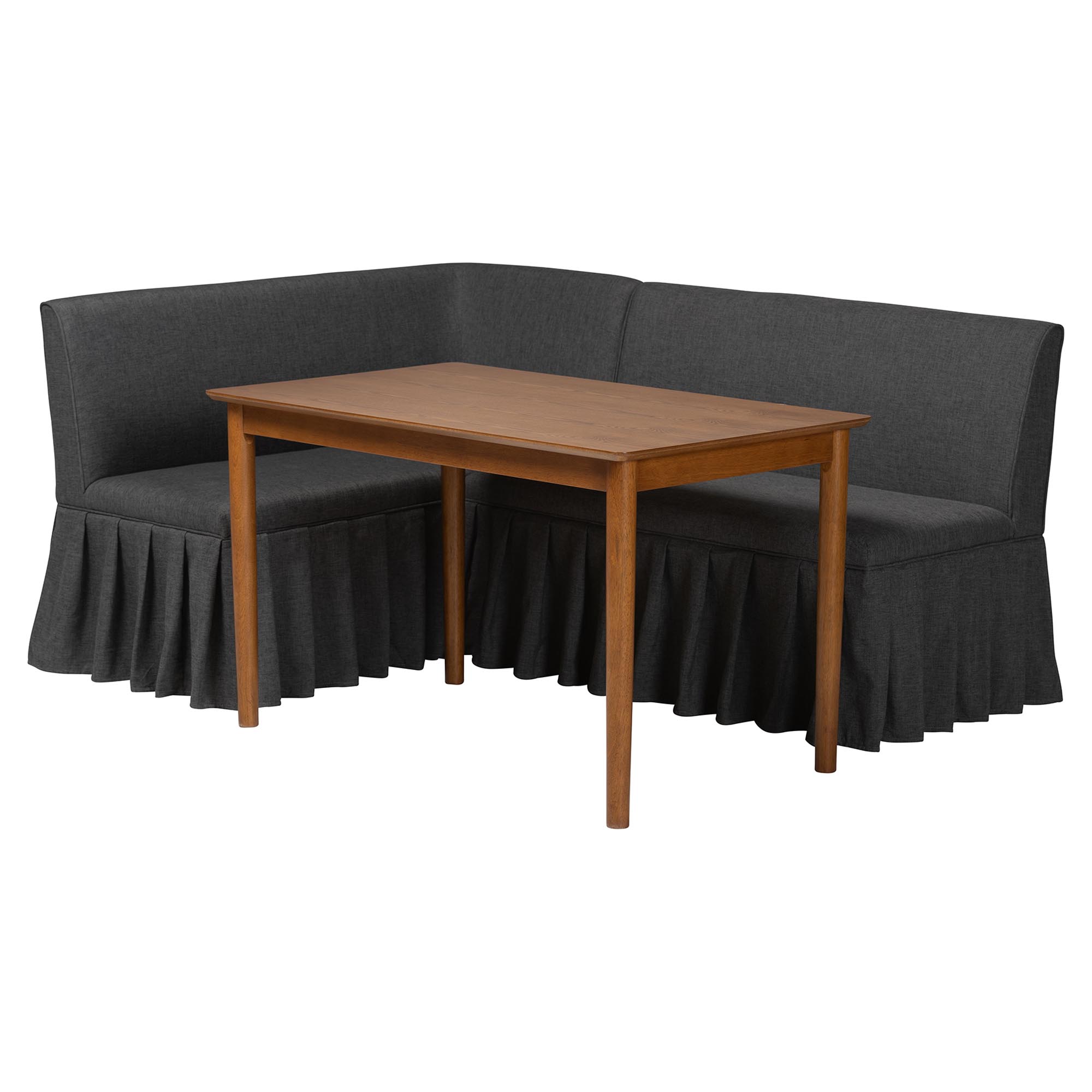 Baxton Studio Richard 3-Piece Fabric Upholstered Dining Nook Set - Corner Kitchen Banquette with Skirted Base, L-Shaped Breakfast Nook for Small Spaces, Dark Grey